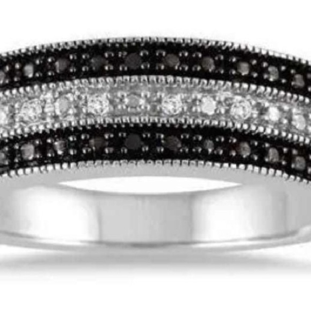 925 Natural Diamond Black And White, Ring Size 6.5 Solid Sterling Silver